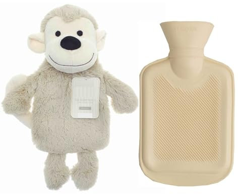 Hot Water Bottle with Cover 1 Litre- Faux Fur Bag with Large Capacity Safe and Durable Winter Accessories Warm Kids Animal Fleece Hot Water Bottle -Monkey