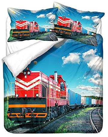 Sticker Superb. Naturlandschaft Bettwäsche-Set 3D Zug Eisenbahn Bahn Schleppe Rot Gelb Grüne Mikrofaser-Polyester Männer Bettbezug mit Reißverschluss und Kissenbezug 80x80 cm (Red, 200 x 200 cm)