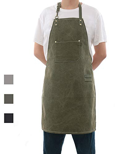 Pincy Arbeitsschürze, Schwerlast 16oz Canvas Tool Schürze, Metall Hardware Verstärkung Chef Schürze mit Tasche Extra Lange Riemen Verstellbar M-XXL (olivfarben)