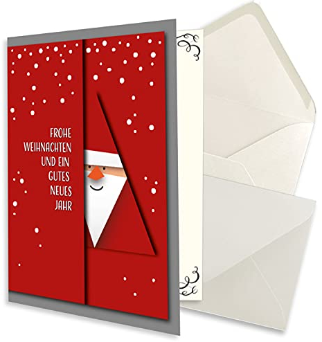 NEUSER PAPIER 100x kleines Weihnachtskarten-Set DIN A7 mit rotem Weihnachtsmann Motiv - Faltkarten mit passenden Umschlägen DIN C7 Naturweiß mit Nassklebung - Weihnachtsgrüße für Firmen und Privat