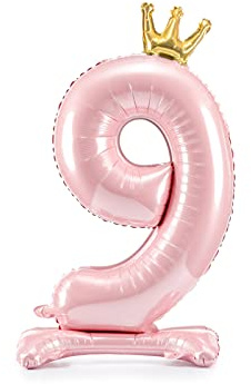 Folienballon Zahl 9 rosa Krone mit Standfuß 84cm