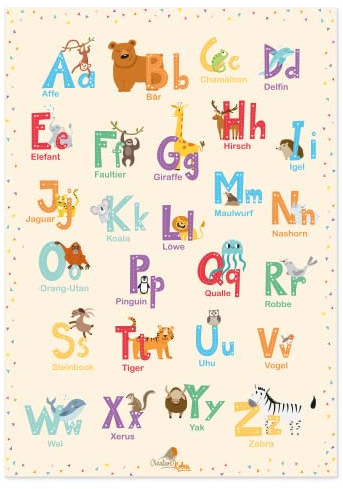 CreativeRobin ABC Poster fürs Kinderzimmer, Kindergarten & Grundschule | Süße Tiermotive im Alphabet Poster | DIN A3