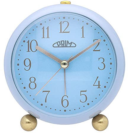 PRIM Candy Pastel Alarm Blauer Metal Wecker ohne Ticken, klassischer Wecker analog mit goldenen Zahlen in süßen Pastellfarben, Ideal auch als Vintage Deko