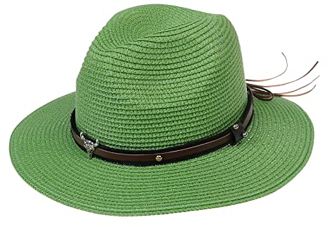 JK Home Sombrero plegable unisex de verano Trilby paja Fedora Panamá de ala ancha, sombrero de vaquero extraíble tamaño de banda ajustable, Verde hierba - Banda de vaquero, Taille unique