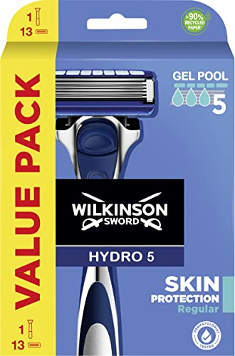 WILKINSON SWORD - Hydro 5 Skin Protection für Herren | Feuchtigkeitsgel & Präzisionstrimmer | 1 Griff + 13 Nachfüllklingen