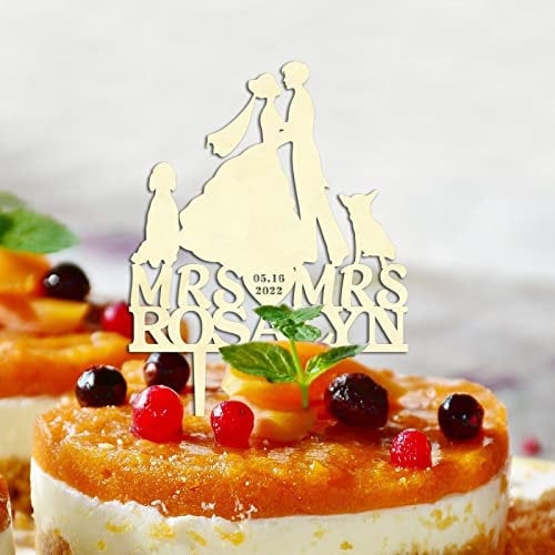 Tortenaufsatz mit Aufschrift Mrs And Mrs, aus Holz, mit Hund, Katze, Silhouette, lustiger Tortenaufsatz, Lesbisch, LGBTQ, Hochzeitstag, Party, Dekoration, personalisierbar, Namen, Datum, Lesbisches