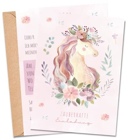 MeinBaby123® 10 Einladungskarten Kindergeburtstag Mädchen | süße Geburtstagseinladungen für Kinder | Einhorn Einladungskarten | inkl. 10 Briefumschläge | Premium Qualität (Einhorn V3)