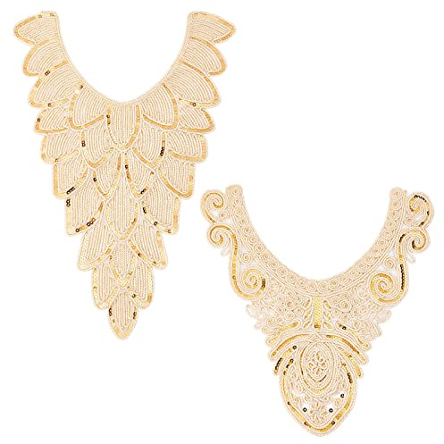 FINGERINSPIRE 2 Stück Gold Kragen Applique 2 Style Pailletten Floral Gestickte Applique Trim V-Ausschnitt Ethnic Style Kragen Sew on Patches Halsausschnitt Kragen Nähen Zubehör für DIY Hochzeitskleid