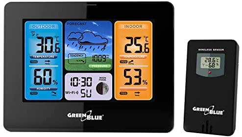 Green Blue GB215 Stazione meteo wireless con Wi-Fi compatibile con TUYA, Sensore esterno Calendario Pevisioni meteo Barometro