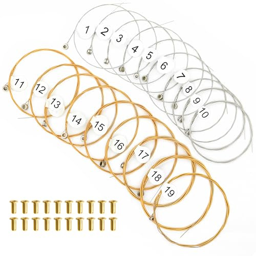 INKNOTE Lyre Harp A Sets of 19 Replacement Metal Strings with 20 Pcs Gold Brass Hollow Rivets