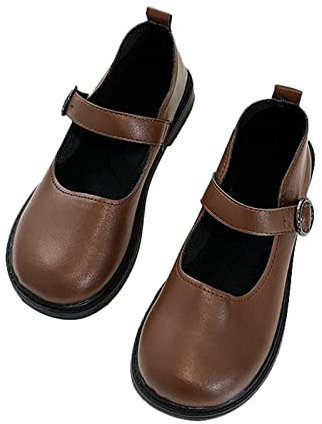 Scarpe Mary Janes da donna con fibbia, punta tonda, in pelle verniciata, basse, scarpe basse per la scuola, Marrone, 39 EU