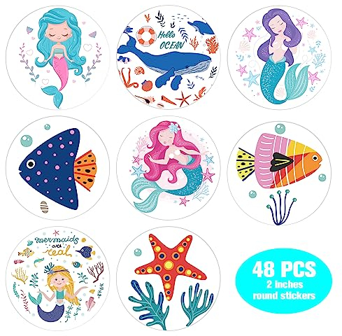 Sumerk 48 Stück Meerjungfrauen Sticker Meerjungfrau Scrapbook Aufkleber Happy Birthday Party Favors Sticker für Kinder Guest Book Photo Album Gift Bags Candy Boxes (Designs)