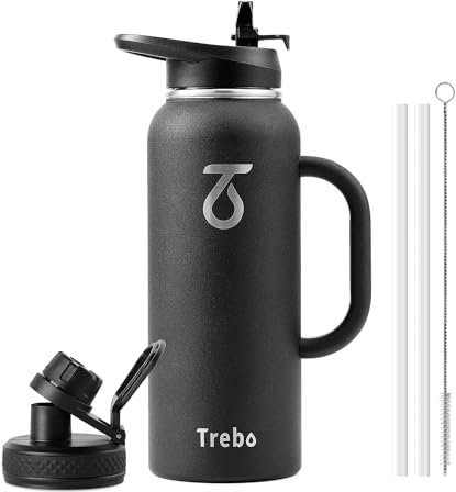 Trebo 40oz Water Bottle Insulated with Handle, Stainless Steel Metal Large Jug,Travel Flask with Straw Spout Lid,Mug Tumbler Cup with Carry Pouch,Keep Cold Hot, Indigo Black