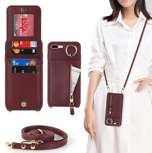 Zouzt for iPhone 7 Plus/iPhone 8 Plus 5.5 Inch Case with Cord and Card Holde, Zipper Wallet Case with Crossbody Lanyard Ring Adjustable Necklace Protective Cover Women - Burgundy