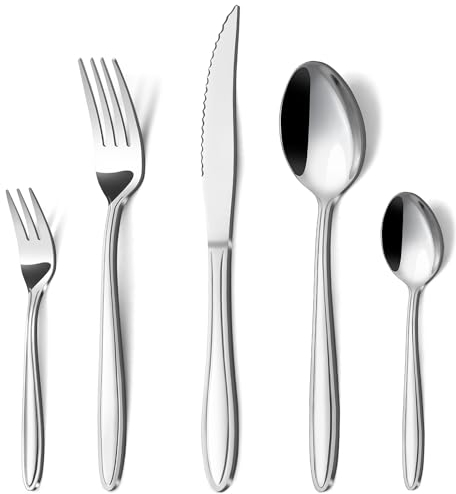 Hunnycook Besteck Set 6 Personen, 30-teiliges Edelstahl Essbesteck mit Liniengriff, Elegantes Besteckset mit Messer Gabel Löffel für Haus/Restaurant/Party, Spülmaschinenfest