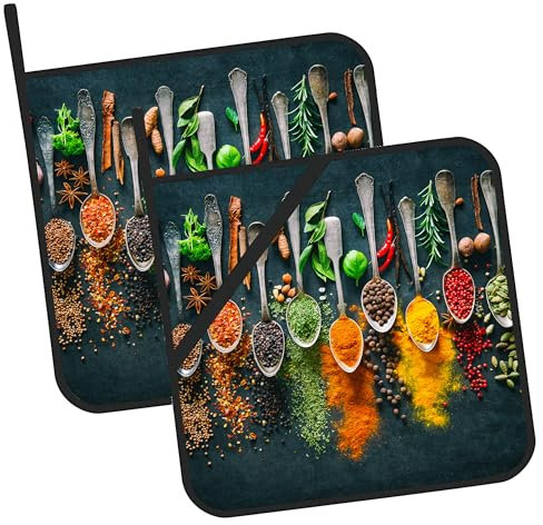 Bunte Verschiedene Kräuter Topflappen Set mit 2 hitzebeständigen & rutschfesten Topflappen, Gewürze zum Kochen, Backofen, heiße Pads für Küche, Kochen, Backen, Grillen