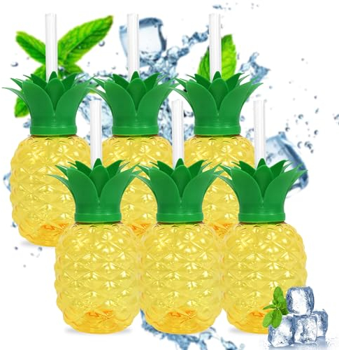 AMZLORD 3/6 Stück Hawaii-Sommerparty-Becher, 500 ml, Ananas-/Erdbeerform, Trinksaftbecher mit Strohhalm, kreative Geburtstagsparty-Dekoration