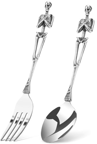 SENIURIS Skelett-Besteck-Set, Persönlichkeit, Totenkopf, Edelstahl, einzigartiges Design, Löffel, Gabel für Halloween, Ostern und Weihnachten (Skelett)