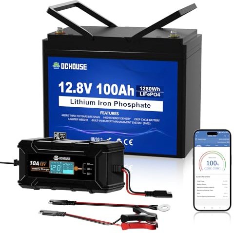 DCHOUSE 12V 100Ah Bluetooth Lithium Batterie mit 10A Ladegerät, BMS 100A | 1280Wh LiFePo4 Tiefzyklus Batterie, Bis zu 15000 Zyklen, für Wohnmobile, Wohnwagen, Boote, Camping und Solaranlagen