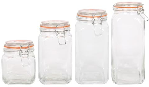 Argon Tableware 4 Piece Square Glass Jar with Clip-top Lids Set - 760ml to 2L - Airtight Kitchen Mason Jar Food Storage Preserving Container for Pickling, Chutney, Jam, Coffee, Oats