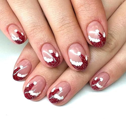 24 Stück Weihnachten Falsche Nägel – Rote Weihnachtsmütze Design, Christmas Falsche Nails Full Cover Kunstnägel mit Nagelkleber, Mandel Künstliche Nägel Press On Nails für Frauen und Mädchen (Rot)