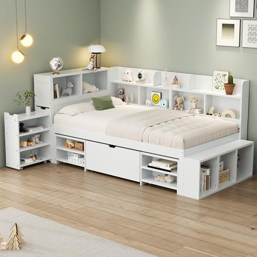Jovify Kinderbett Einzelbett 90x200 cm, Bettgestell mit Stauschrank, Bücherregal und Stauraum Schubladen, Holzbett Stauraumbett Funktionsbett Flachbett Jugendbett mit Lattenrost, Ohne Matratze, Weiß