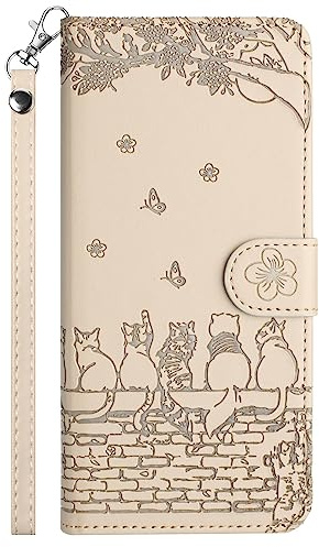 Aisenth Flip Case for iPhone 16 Plus Magnetic Wallet Cover With Card Holder | Cat and Butterfly,Magnetic,PU Leather+TPU inner case,Kickstand,Card Slots+Cash Pocket+Wrist Strap,Protective,Beige