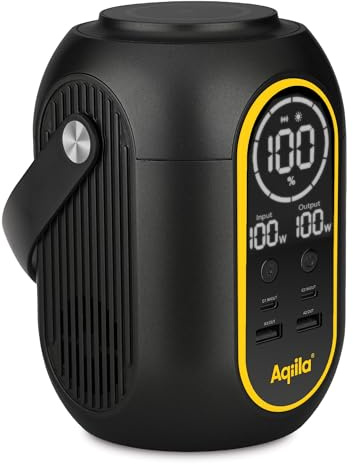 Aqiila Powerstation 200Wh, 140W, Powerbank 54000mAh, 2x USB-C, 2x USB-A, tragbare Powerstation, kabelloses Laden, 120 Lumen LED Licht, LCD-Display, Powerbird S140 Schwarz