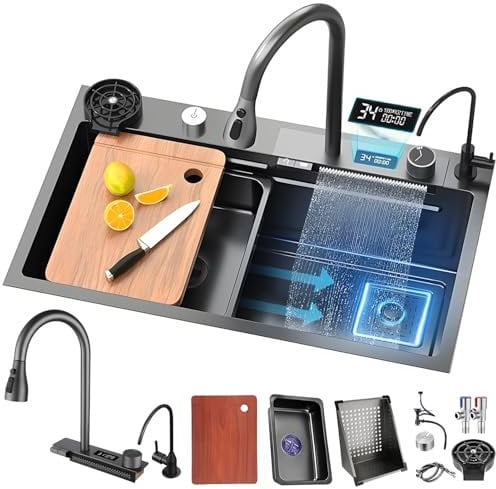 DSMRLEOP Fregadero de cocina con cascada negra, 75 x 45 cm, 1 cuenco, acero inoxidable, rectangular, sifón, rebosadero y desagüe, moderno y multifuncional, fregadero cascada con juego de accesorios