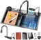 DSMRLEOP Évier de cuisine rectangulaire en acier inoxydable, noir, cascade, 1 bac, siphon, trop-plein et bonde, multifonction, moderne, avec kit d'accessoires (75 x 45 cm)