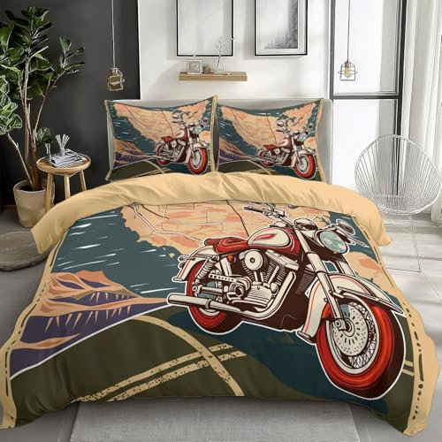 Quixora 3-teiliges Bettwäsche-Set 135 x 200 cm mit 2 Kissenbezügen 80x80 cm, Bettbezüge Alte Straßenkarte Motorrad Druck weiche Mikrofaser für Kinder Mädchen und Teenager, Hellbraun