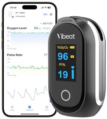 Vibeat Schlaf Bluetooth Pulsoximeter mit Dauermodus, Wiederaufladbares Sauerstoffsättigungs messgerät für Finger mit 80 Stunden Datenaufzeichnung, Blutsauerstoffmessgerät Finger mit Auto Datensynchron