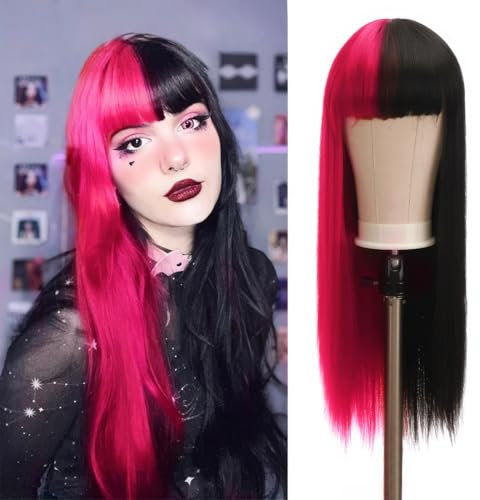 Draculaura Cosplay Perücke, Schwarze Rosa Perücke für Mädchen, Zweifarbige Lange Gerade Perücke, Anime Cosplay Perücke Accessories für Karneval Halloween Weihnachten Geburtstag Cosplay Party