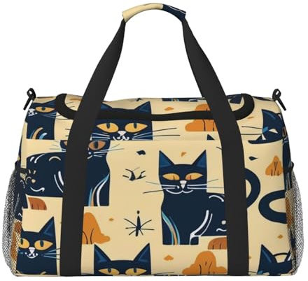 Reisetasche mit geheimnisvollem Katzendruck, für Damen und Herren, faltbare Reisetaschen und geräumige Wochenend-Tragetasche zur Aufbewahrung, Kulturbeutel, Gepäck, persönliche Gegenstände, Schwarz, L