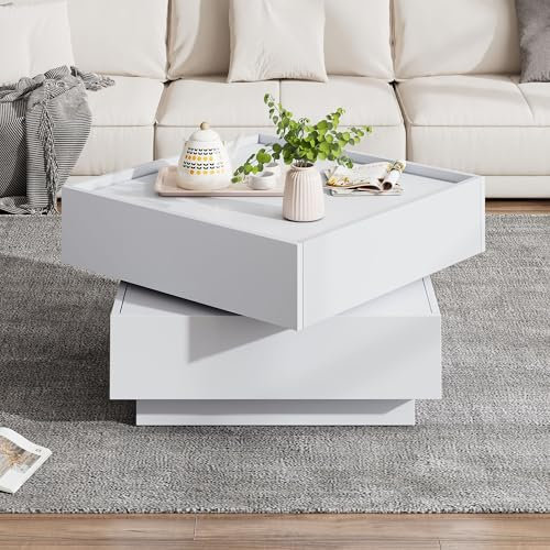Merax Couchtisch quadratische, Moderner 360° drehbare Wohnzimmertisch mit 2 Schubladen, kreativer Sofatisch Kaffeetisch Beistelltisch Mitteltisch für Wohnzimmer Büro Schlafzimmer, Weiß, 60x60x38cm
