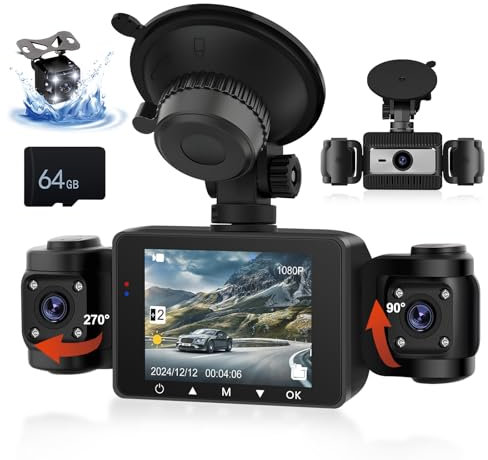 CAMECHO 360° Dash Cam Front and Rear Inside, 4 Channel Dashcam for Cars, Dash Camera Included 64GB SD Card, Car Camera with Night Vision, G-Sensor, Loop Recording, 2.4” IPS Screen, Dashboard Camera