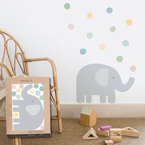 TRESXICS Dekorative Wandsticker für Kinder, Elefant, Punkte, 12 Stück + Elefant, Vinyl, originell und langlebig, Tapeteneffekt für Kinder, einfach anzubringen und abnehmbar