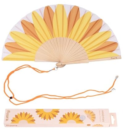 Fisura – Holzfächer mit Sonnenblumenmuster. Farbenfrohes, Elegantes Accessoire, tragbarer gelber Handventilator mit praktischem Aufhänger. Maße: 42,5 x 23 cm
