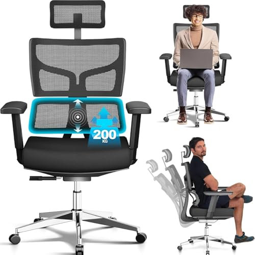 MELOKEA 200kg Portata Sedia da Ufficio Ergonomica per Persone Pesanti, Sedia XXL Grande per Obesi con Supporto Lombare Automatico, Inclinazione 122°, Braccioli 3D EN12520 (Nero)