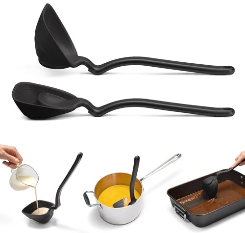 Dreamfarm Fladle Fold-Flat Silicone Ladle with Scraping Tip - Black | Foldable serving and cooking soup ladle, measures 1/2 cup, sit-up squeegee head, rests on pot edge, space-saving storage, 12