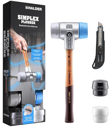 Simplex-Plusbox Starterkit Alu, Simplex-Schonhammer D60, TPE-soft/TPE-mid, mit Aluminiumgehäuse sowie je ein Schlageinsatz Gummikomposition und Superplastik plus Cuttermesser | 3113s004