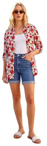 Roman Originals Short Sleeve Shirt for Women Ladies Cotton Blouse Button Tunic Printed Top Work Smart Casual Going Out Work Office V Neck Everyday Evening Event