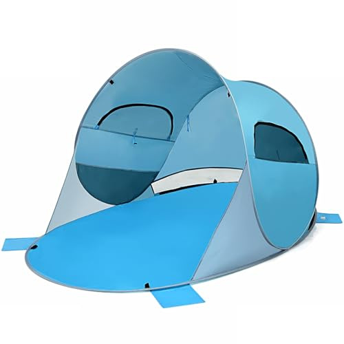 FANTASK Strandmuschel mit Tragetasche & 2 Netz-Fenstern & 4 Sandtaschen für 3-4 Personen, Strandzelt Sonnenschutz Wurfzelt für Strand, Garten & Camping (Blau)