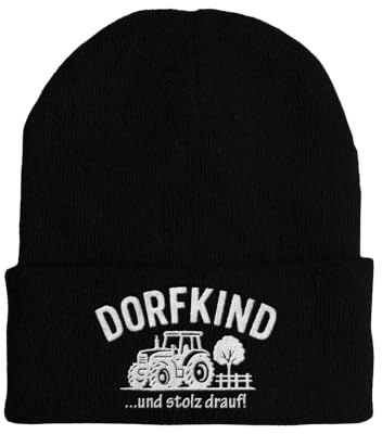 tshirtladen Dorfkind und stolz Drauf Beanie Wintermütze mit Traktor Stickerei Spruchmütze Unisex für Freizeit und Festival Parent Blau Bordeaux Graphite Grau Mustard Navy Olive Pink Rot Schwarz
