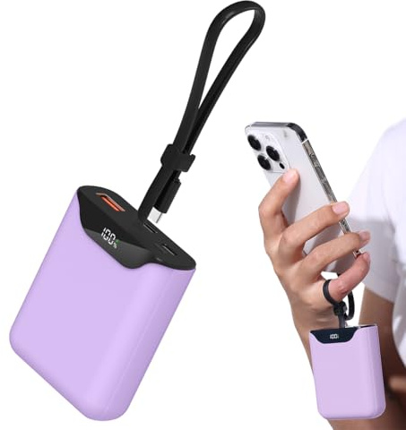 Mini Power Bank 10000mAh, Fast Charging Portable Phone Charger with USB-C In/Out Cable, 22.5W LED Display Small Battery Pack for iPhone 16 15 14 Android Tablet (Purple)