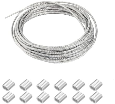 Kabel i rostfritt stål, set 7 x 7, 20 m x 3 mm, PVC-stålkabel, säkerhetskabel, rostfritt ståltråd, metallkabel, kabelsats, med 12 stycken aluminiumbrickor, dubbla öljetter 3 mm