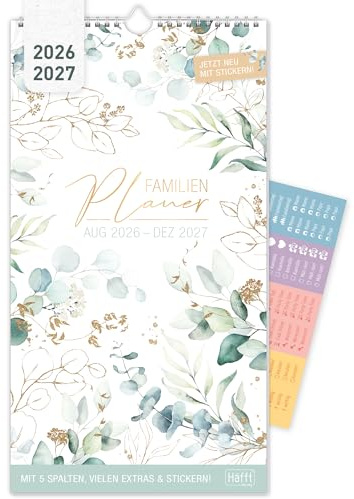 Häfft® Familienplaner Wandkalender 2026/2027 mit 5 Spalten Blattgold | 17 Monate Jahreskalender für Familien 1 Monat auf 1 Seite von August 2026 bis Dezember 2027 mit Sticker