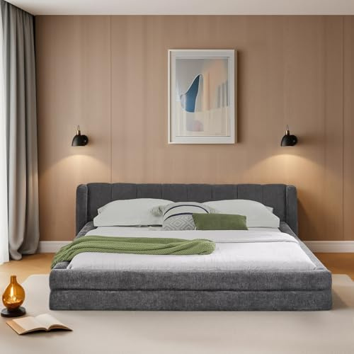 Yihomfy Cadre de Lit Rembourré 160 x 200 cm avec Tête de Lit, Sommier à Lattes en Bois et Pied de Lit Renforcé, Montage Facile, Gris Foncé (160 x 200 cm)