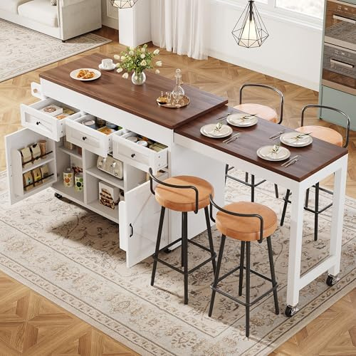 ZKLOEP Isla de cocina con espacio de almacenamiento, mesa de comedor extensible mesa de bar (131,5-210 cm), giratoria 360°, con cajones y armarios, encimera versátil para cocina, comedor y espacios