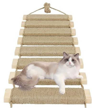 Kattstege 150 cm, multifunktionell kattstege och klätterstruktur, gör-det-själv-träbro med sisalrep för inomhus/utomhus, vägghängd kattstege
